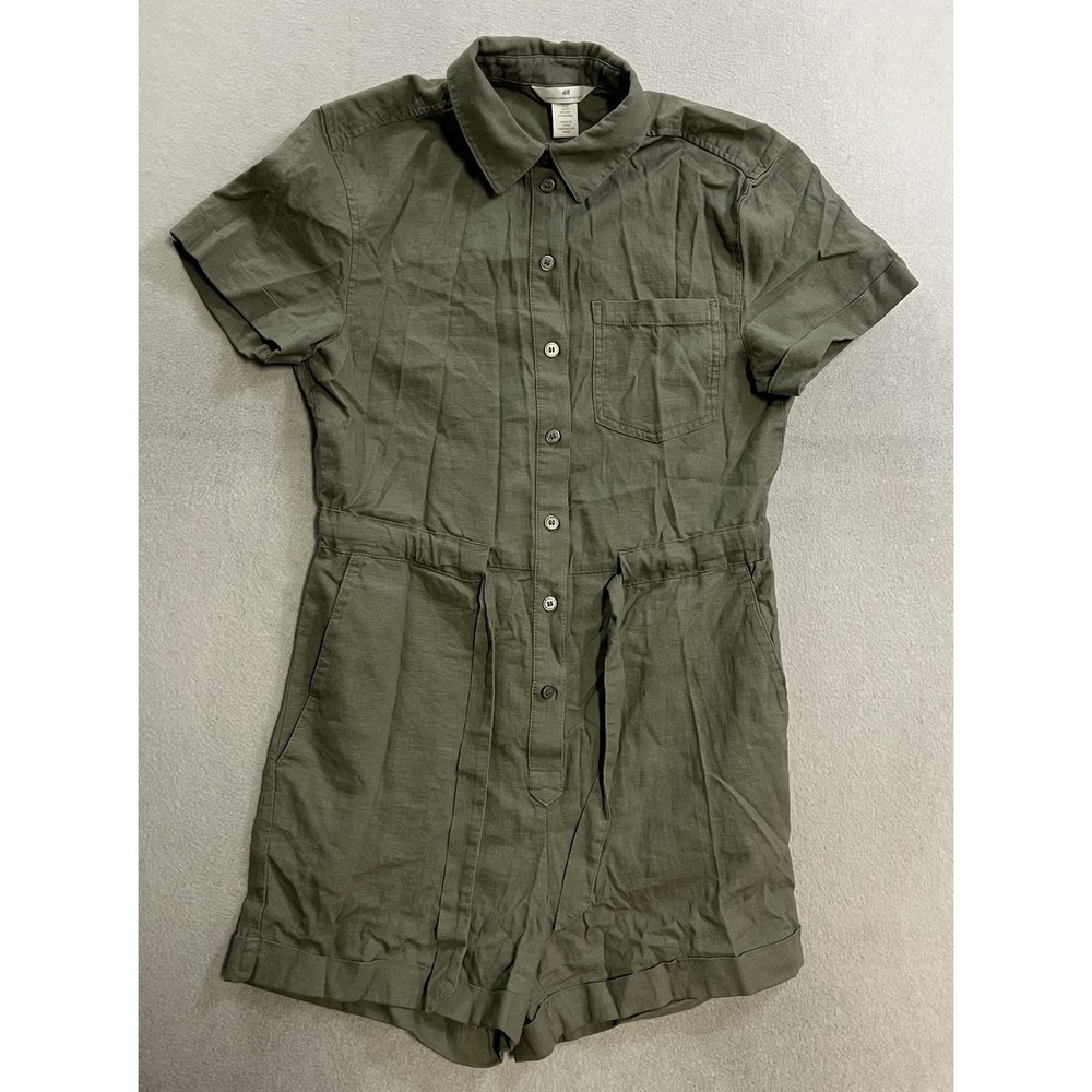 H&M Linen Blend Short Sleeve Utility Romper Women's Size XS Olive Green